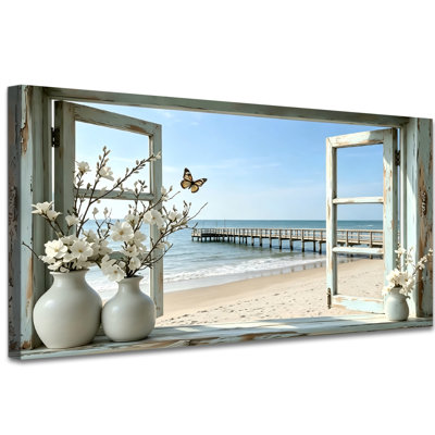 Art mural sur toile côtière avec fenêtre, vue sur la plage 2: 1 avec fleurs blanches et papillon, décoration murale bord de mer pour chambre à coucher, salon, bureau 24 po x 48 po