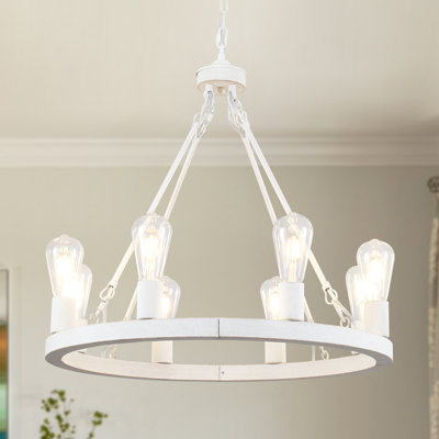  Myriane 8 - Light Distressed White Wagon Wheel Chandelier, Vintage Dining Room Chandelier for Living Room Foyer Entryway, Bedroom, Kitchen