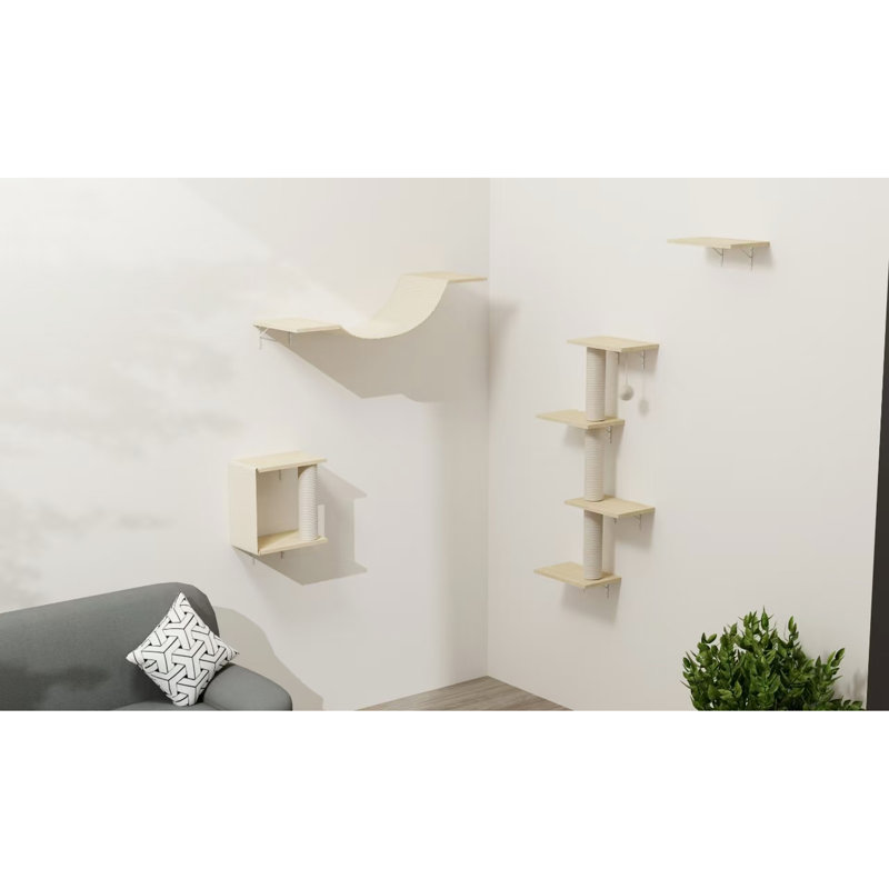 Structure d'escalade murale moderne pour chat avec pont, marches et arbre, 4 pièces, structure fiable, système de conception compacte et durable
