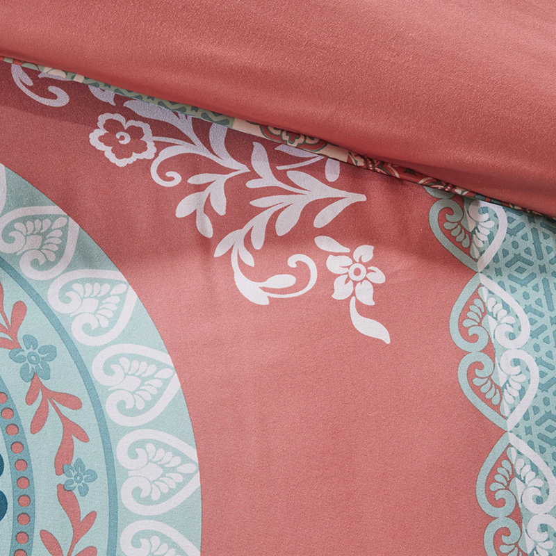 Draps et édredon pour lit simple TG - imprimé médaillon corail, tissu en microfibre, collection de literie avec bourre, brodé