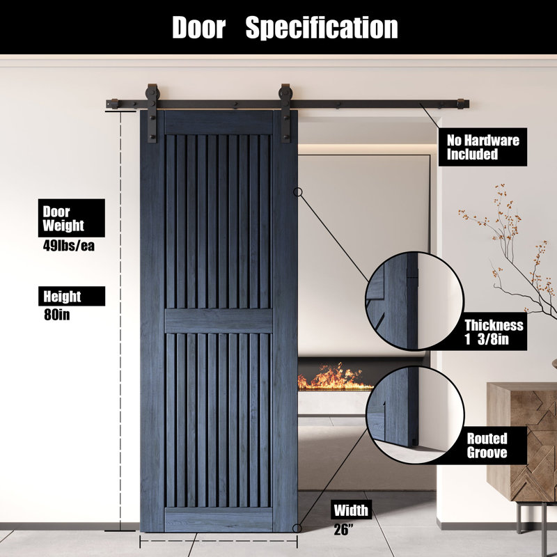 Porte de grange en bois de pin à rayures verticales Homacer, 26 po x 80 po