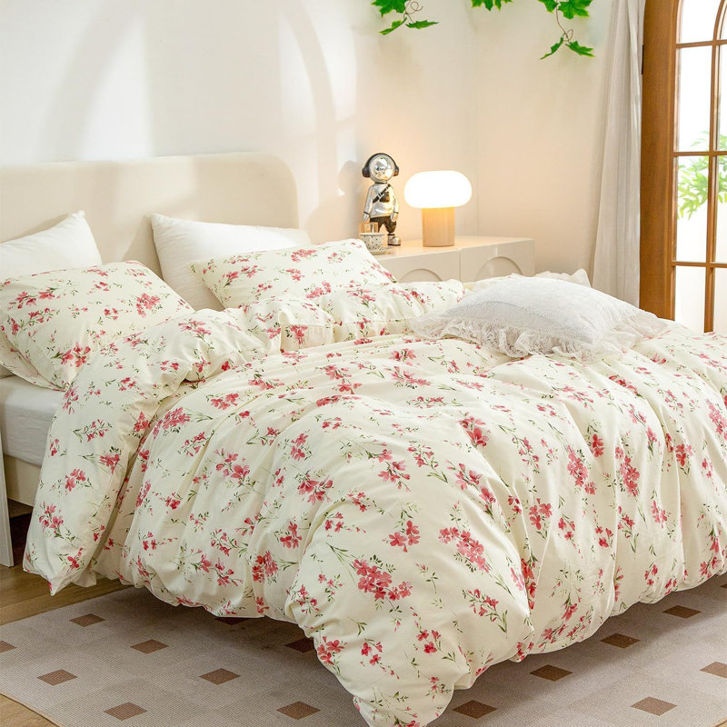 Flowers Bed Beige Pink Leaves Plants Floral Turnable Bed Linen Sets Microfiber Floral Pattern Bed Cover With Zipper And Pillow Cover