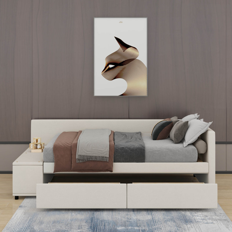 Lit plateforme simple tapissier en forme de L avec tiroirs, Beige