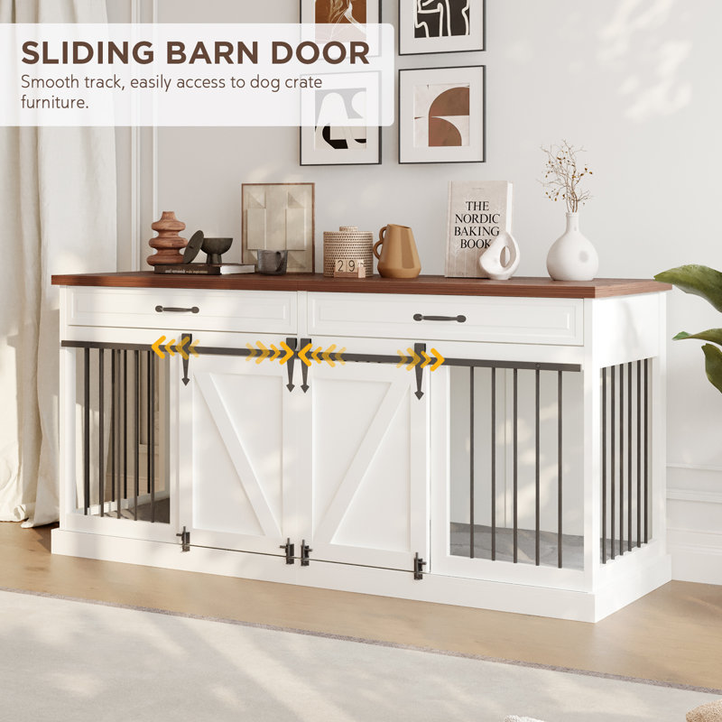 White Wooden Dog Crate Furniture with Sliding Barn Doors