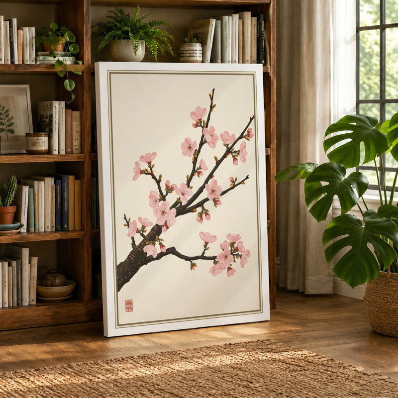 Moonlit Cherry Blossom Japandi - Wrapped Canvas, 18x12 - 45.7 x 30.5 cm, Terracotta Border