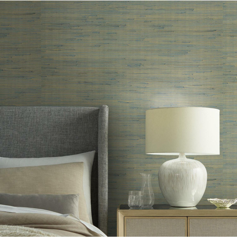 Grass Cloth Metallic Wallpaper Roll, Gold/Blue