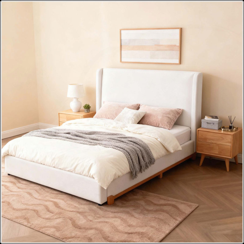 Carmen Upholstered Wingback Bed with 52.3, White