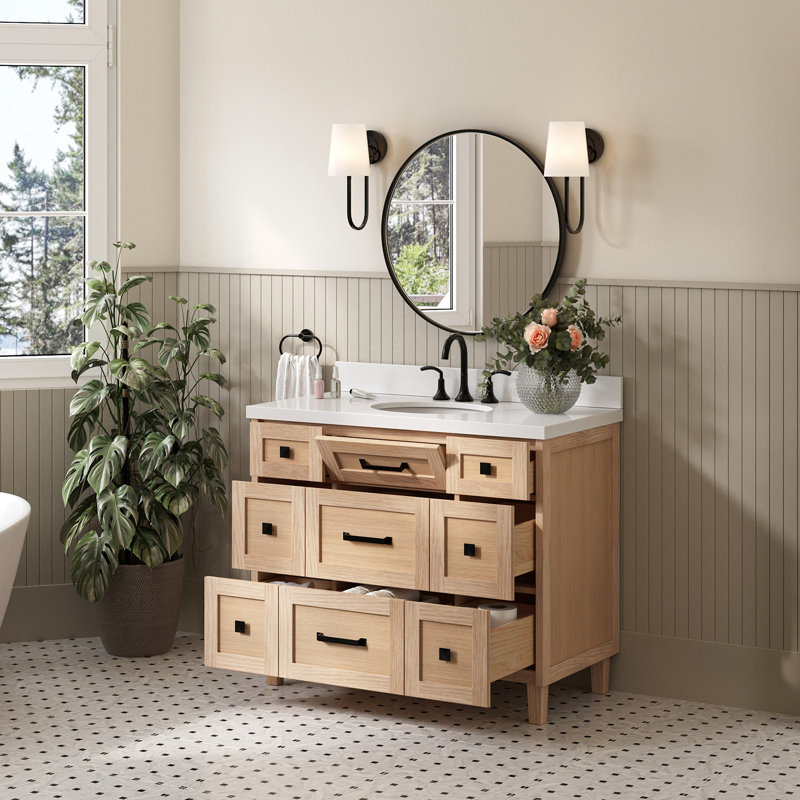 Meuble-lavabo simple 54 po avec plateau en quartz de Carrare ARIEL, Chêne, 48" - 49", Pure White Quartz