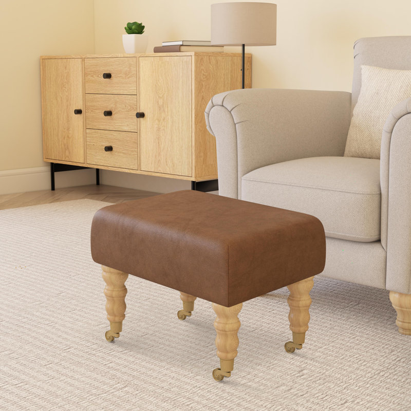 Manufactured Wood Accent Stool, Natural, Italian Leather, Tan Beige