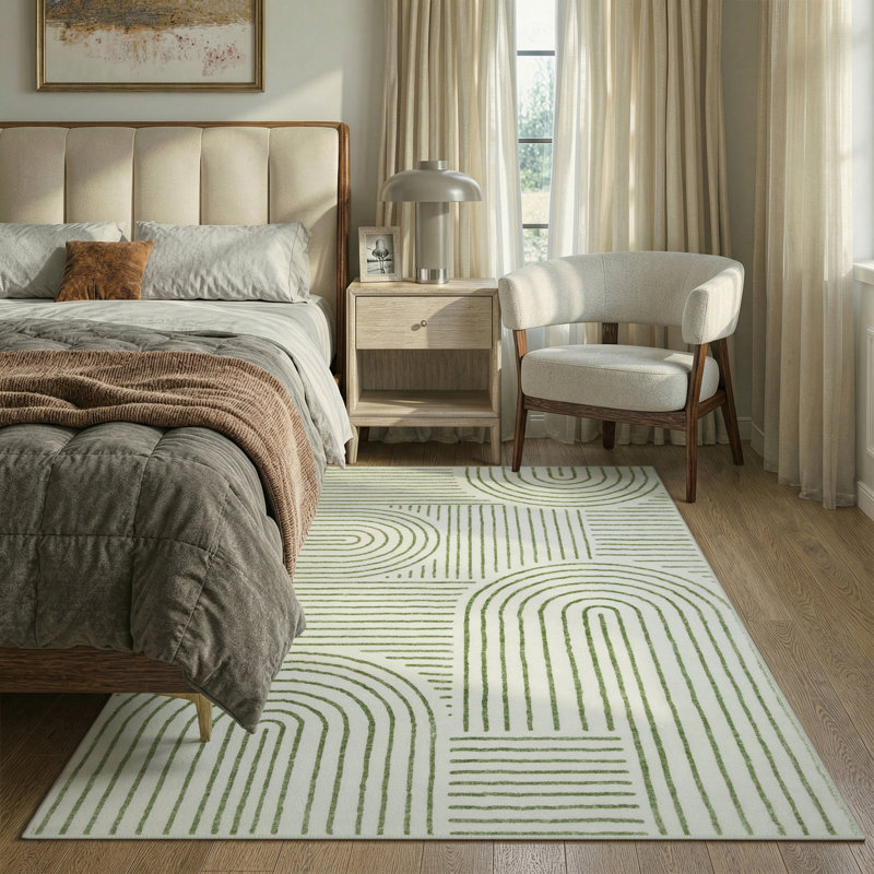 Celeta Washable Abstract Japandi Rainbow Striped Green Area Rug - Colorful Modern Carpet for Living Room, Bedroom, or Office Decor