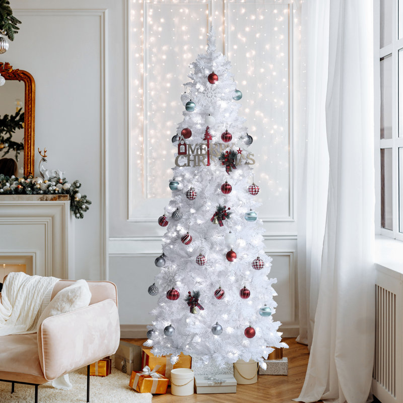 Arbre de Noël 6 pi / 7,5 pi avec lumières, arbres de Noël minces pré-éclairés, 4 couleurs disponibles, 7,5 pi, Blanc