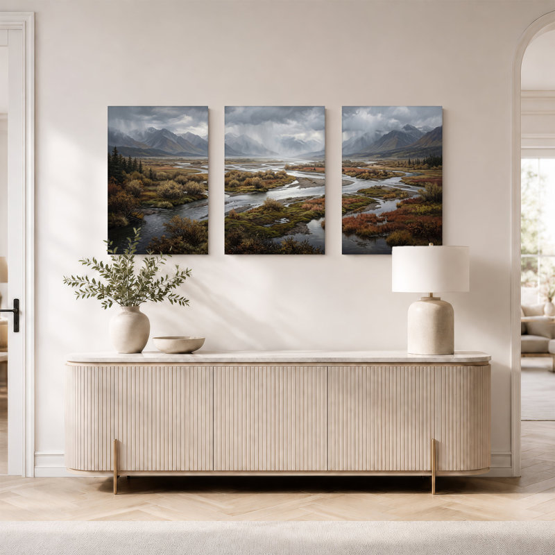 «Winding River In Misty Mountains And Autumn Foliage», ensemble de 3 toiles murales, H 36 po x l 24 po x 3 pièces
