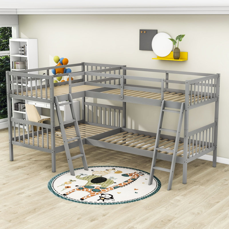 Twin Over Twin L-Shaped Bunk Beds with 2 Ladders, Grey