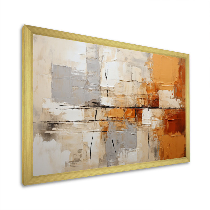 Gris, jaune, orange, impressions - Collages abstraits, art mural grand, Encadrement doré, H 24 po x l 32 po x P 1 po