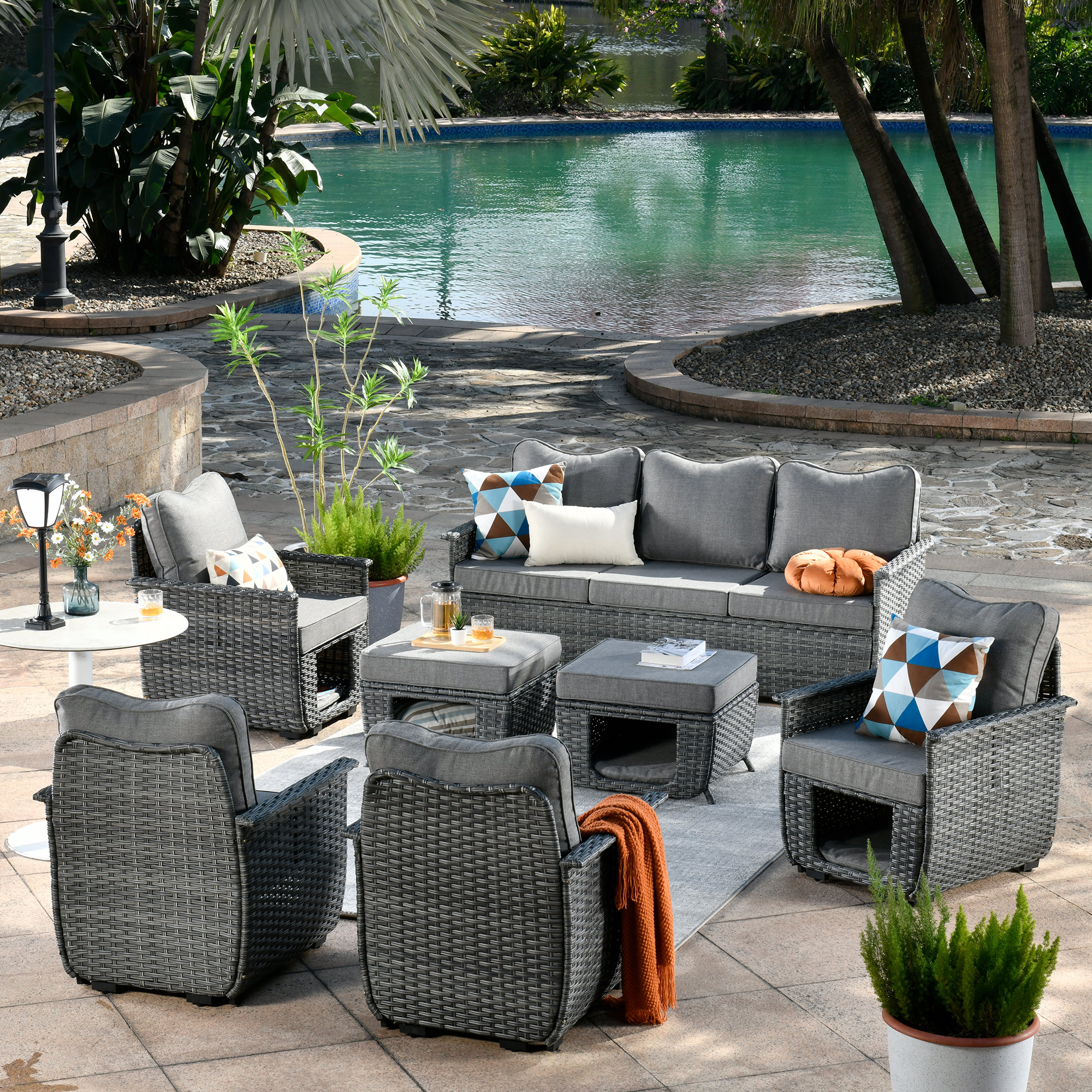 Leisure 7 Piece Rattan Sectional Seating Group with Cushions Latitude Run Cushion Color: Light Blue