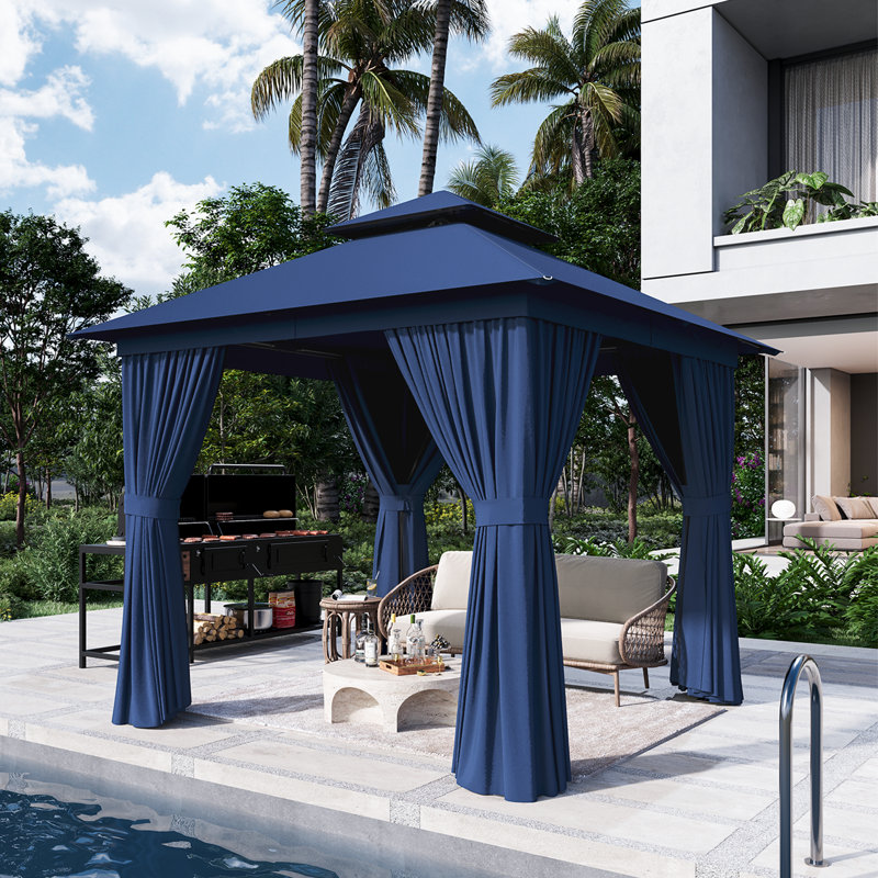 Outdoor Gazebo With Double Roof, Patio Canopy With Mosquito Netting And Curtains, Suitable For Patios, Lawn And Backyard