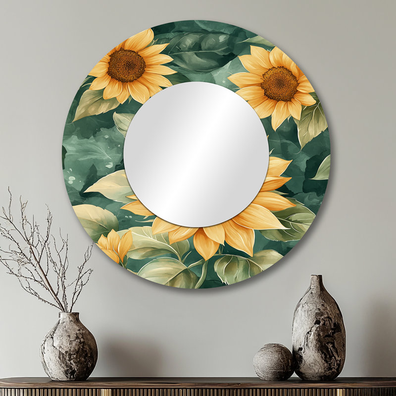 Green Garden - Tournesols abstraits, collage I - décoration murale miroir floral - imprimé sur métal, 29 po x 29 po