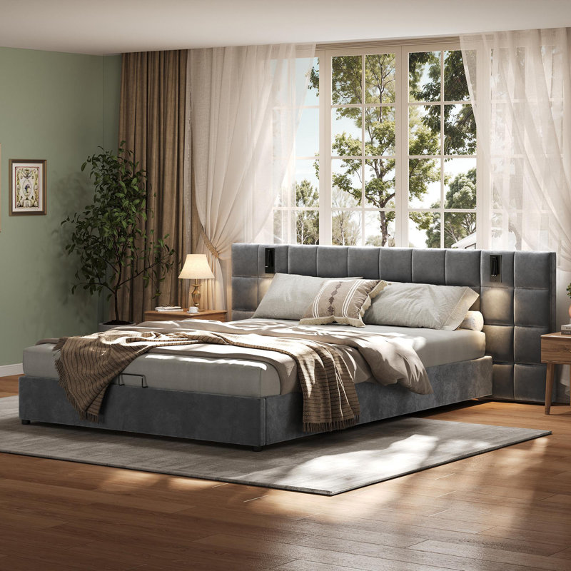 Platform Bed Frame With Wide Headboard, Reading Lamp And Usb Port, Super King (6')