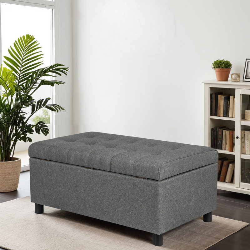Linen Blend Upholstered Storage Bench, Gray