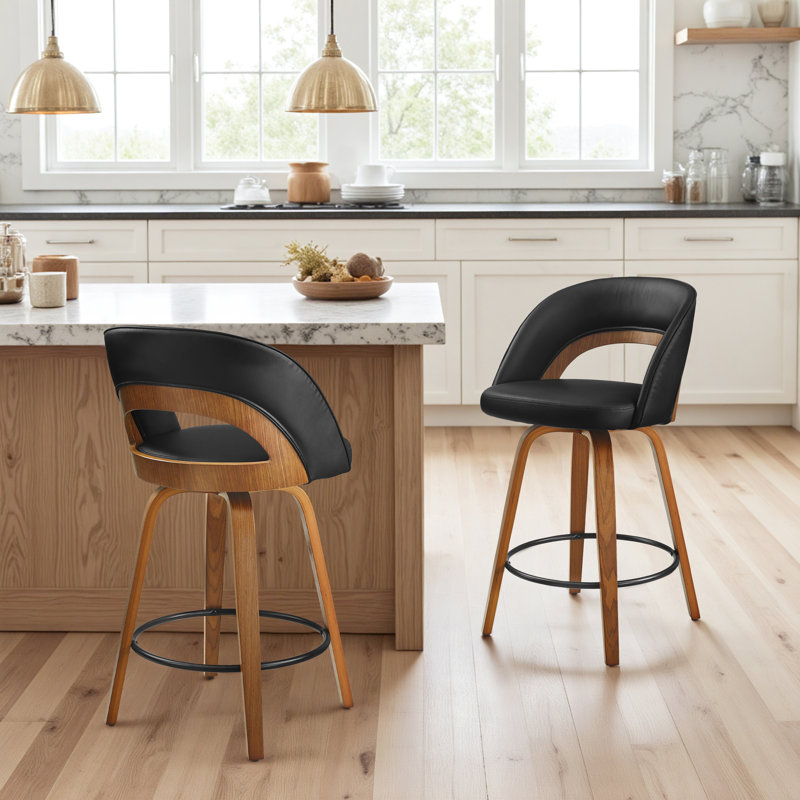 Modern Faux Leather Counter Swivel Dining Bar Stools, Wood, Black