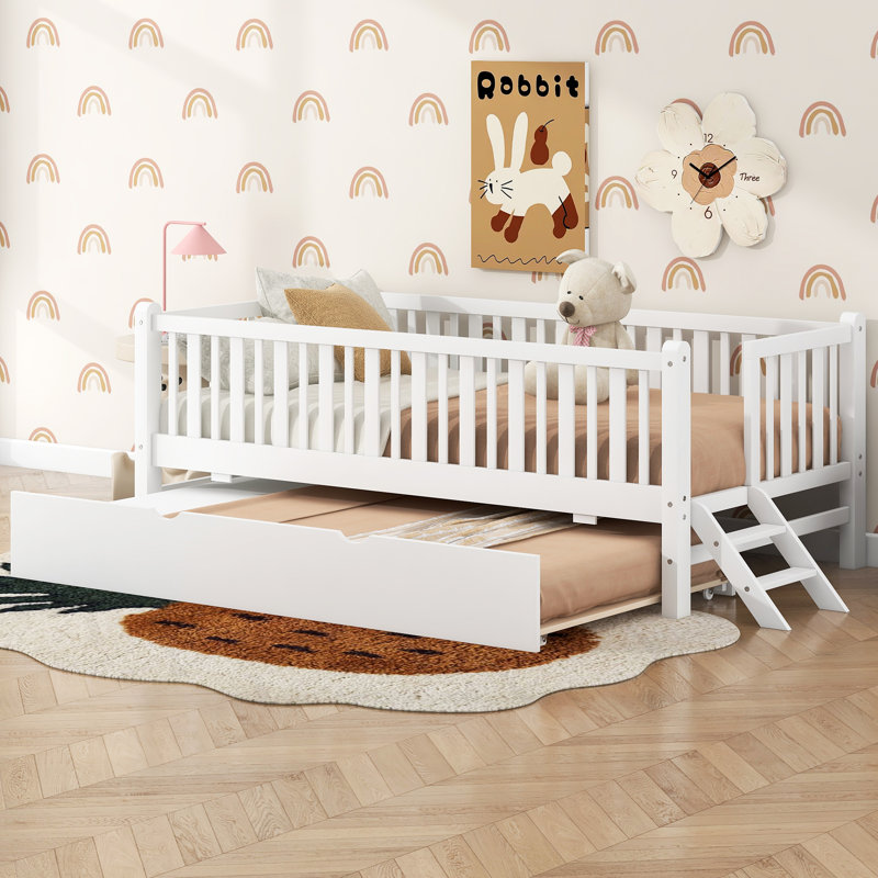 Wood Twin Size Platform Bed with Guardrail and Trundle, White, White