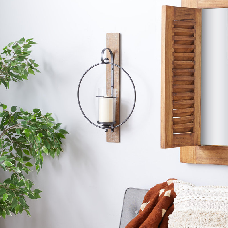 Brown Wood Geometric Pillar Indoor Outdoor Wall Sconce with Wood Back Mount, 16" x 6" x 28", 24" H x 14" W” x 6" D