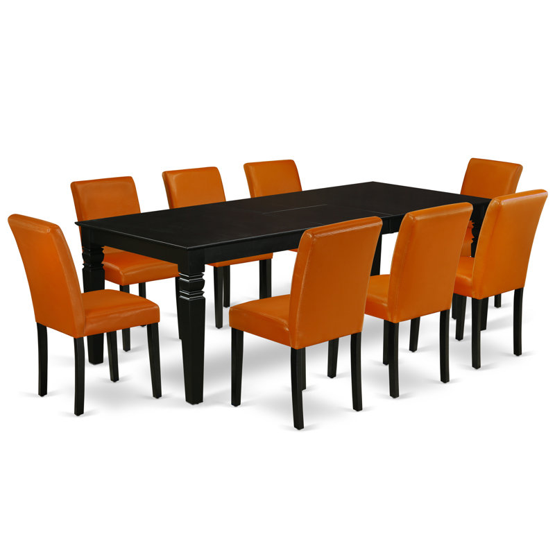 9 Piece Dining Set Includes a Rectangle Dining Room Table with Butterfly Leaf and 8 Baked Bean Faux Leather Upholstered Chairs, Black