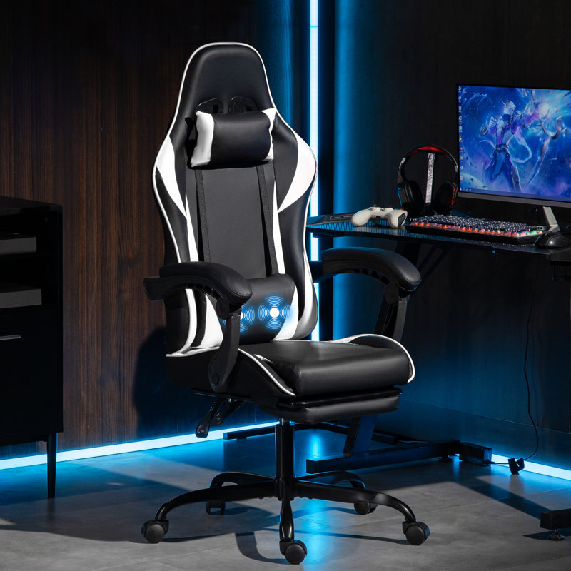Fauteuil de jeu ergonomique inclinable en similicuir, pivotant et jeu vidéo de massage avec repose-pieds, Blanc/Noir