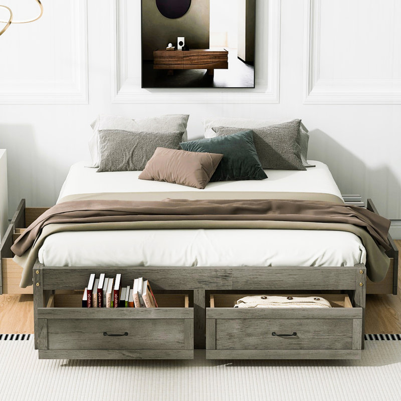 Grand lit gris antique avec 6 tiroirs de rangement, idéal pour les draps supplémentaires, chambre à coucher au design épuré organisant des effets personnels, espace propre