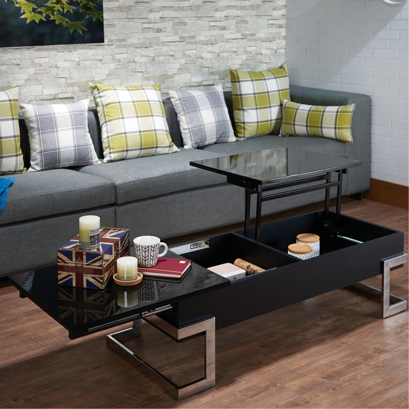 Table basse à finition chromée avec plateau relevable Calmam, Noir ultrabrillant