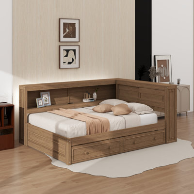 Cadre de lit d'angle avec tablettes de rangement et 2 tiroirs, lit de jour en bois avec ports de chargement USB et lumières DEL