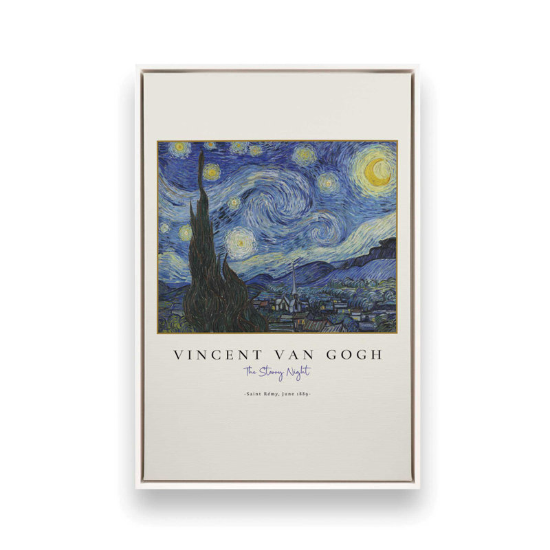 Van Gogh's The Starry Night v3, H 36,75 po x l 24,75 po x P 1,75 po, Cadre flottant blanc opaque