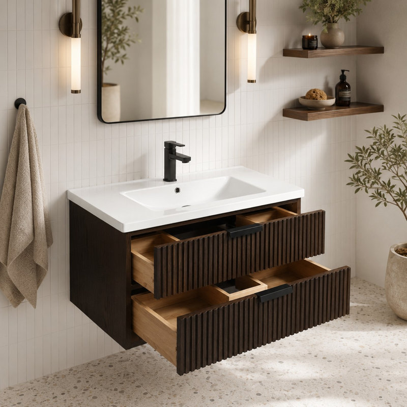 Anelie 30'' Single Bathroom Vanity with Ceramic Top, Walnut, Matte Black