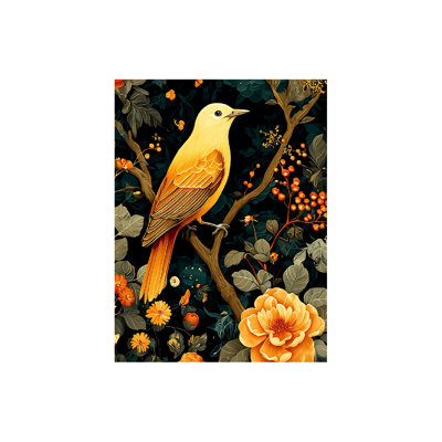 Oiseau rétro fleurs jaunes, cadre en bois à l'arrière intégré, art mural sur toile, l 24 x L 36