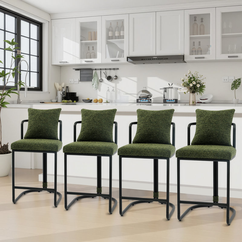 26'' Boucle Counter Stools With Backrest & Metal Frame, Modern Upholstered Bar Chairs For Kitchen Island, Green, 4