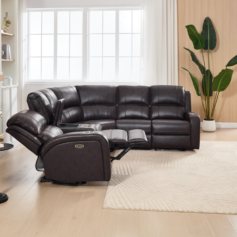 3-Piece Breathable Leather Power Reclining Sectional, Home Theater Couch With Storage, Cup Holder & LED, Brown Faux Leather