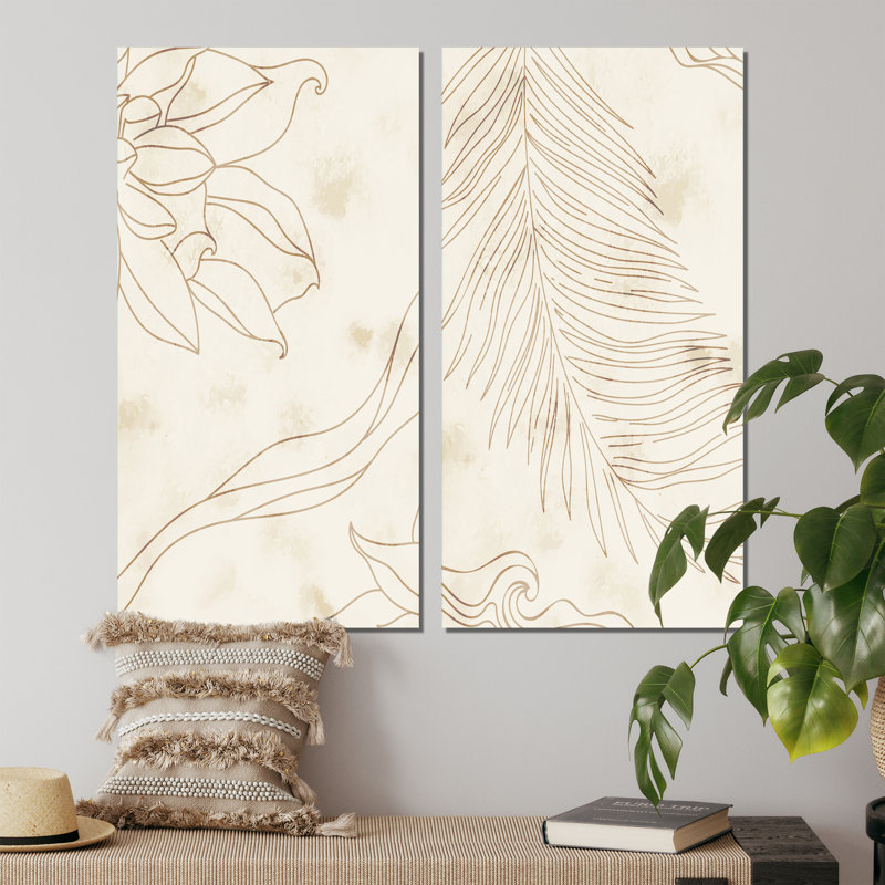 Ensemble de 2 impressions graphiques - ligne de feuilles beige minimaliste botanique I, Toile tendue