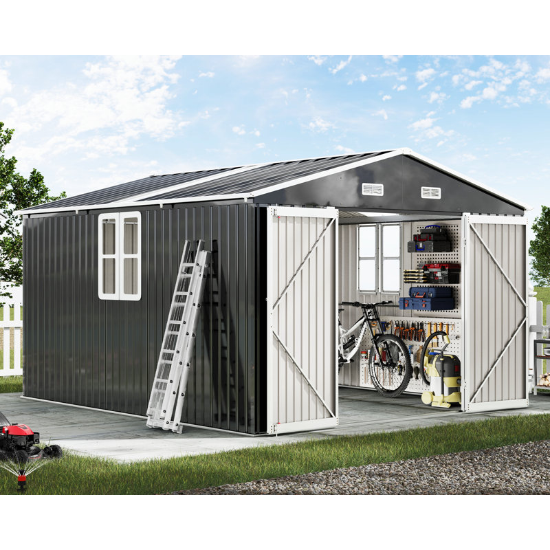 Remise de rangement en métal 10 pi x 12 pi x 7,2 pi avec panneaux transparents, portes à double charnière, fenêtres et évents - Structure en acier renforcé, gris foncé