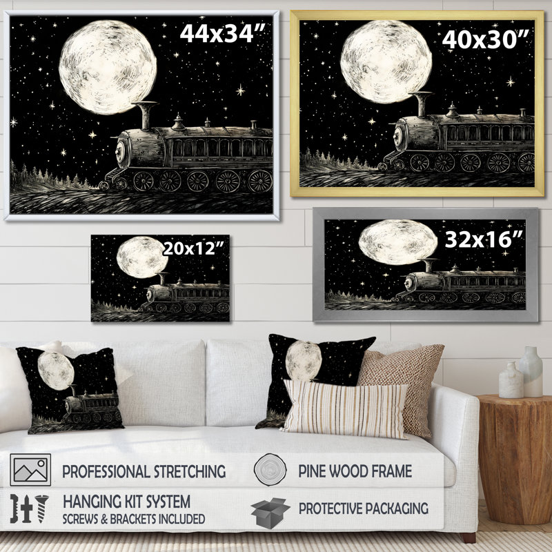 Train noir et blanc «I» - train, art mural, Cadre flottant noir, H 16 po x l 32 po x P 1 po