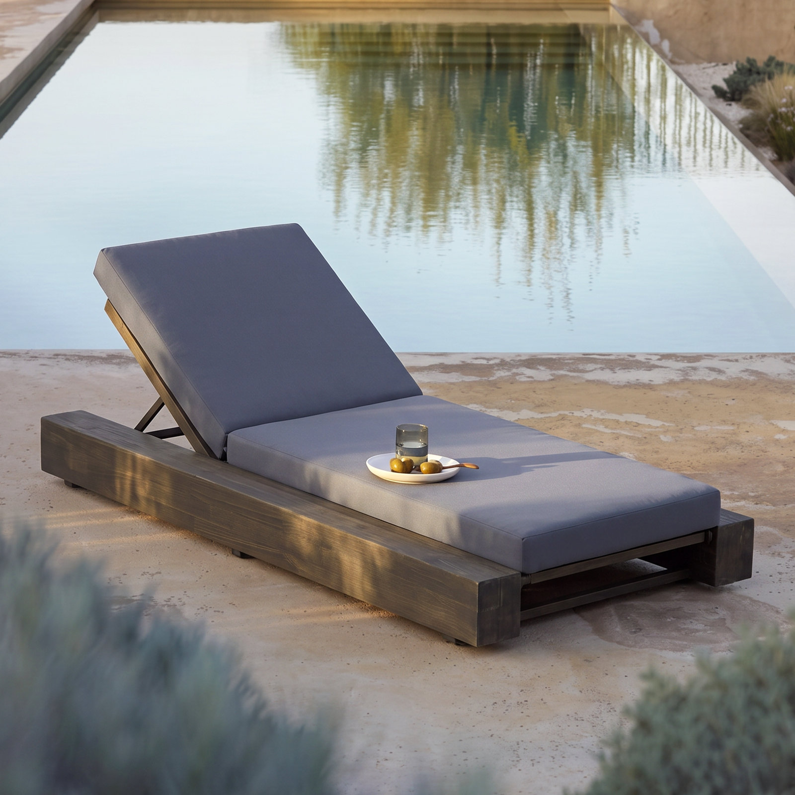 Donnie 39" Acacia Patio Chaise Lounge Set, Sandblast Gray Frame / Dark Gray Cushion, 1