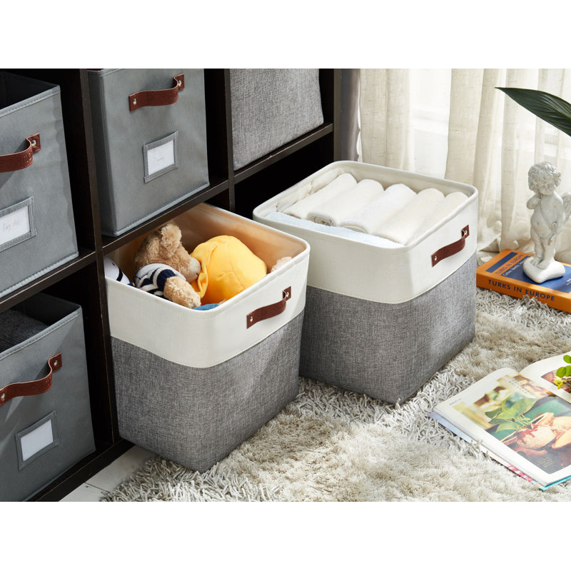 Decomomo Foldable Storage Bin | Collapsible Sturdy Cationic Fabric Storage Basket Cube W/Handles, Grey/White