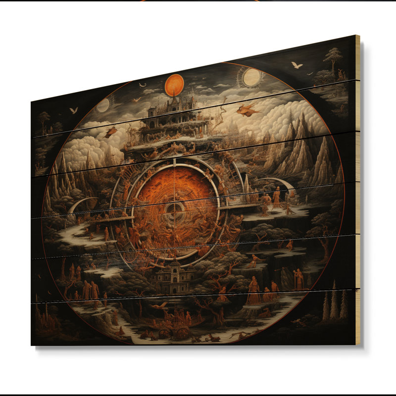 «Leangela», roue de bouddhisme beige orange sur bois, H 30 po x l 40 po x P 0,78 po