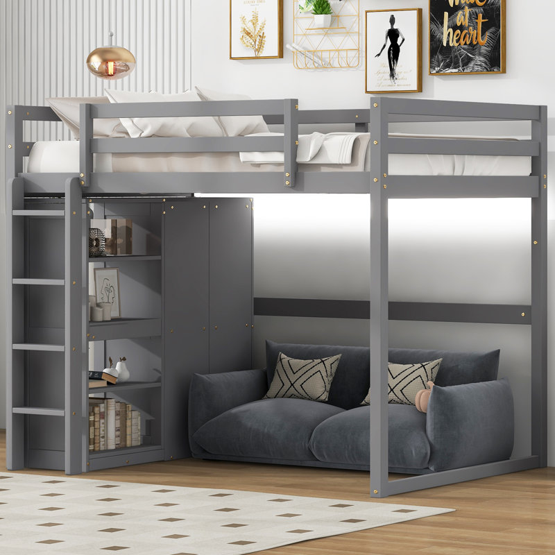 Lit mezzanine double en bois avec garde-robe intégré et tablettes de rangement, lumière DEL, gris