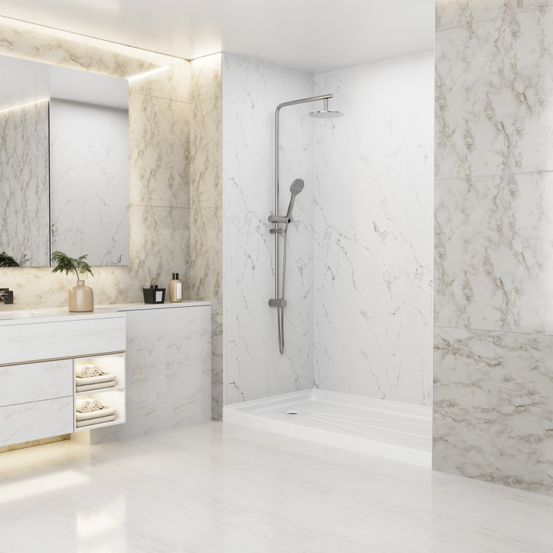 3-Piece Glue Up Shower Wall Panel Surround Kit, Quick Install, Trimmable & Waterproof, 96" H x 60" W x 36" D, Marble White