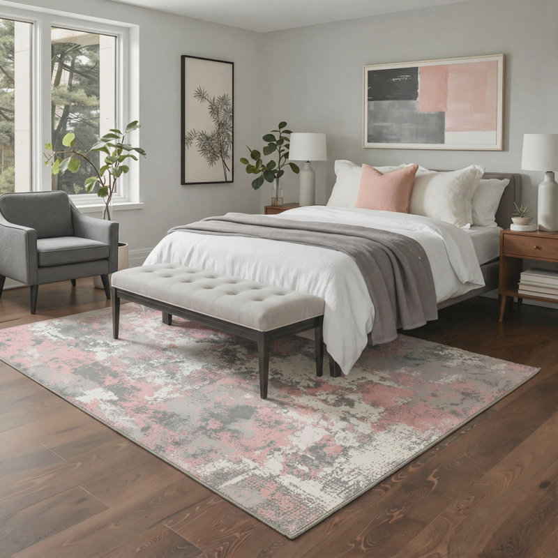 Bungalow Rose Soft Abstract Blush Pink and Grey Rug - Vintage Machine Washable Non-Slip Area Rug, Rectangle 5' x 7'