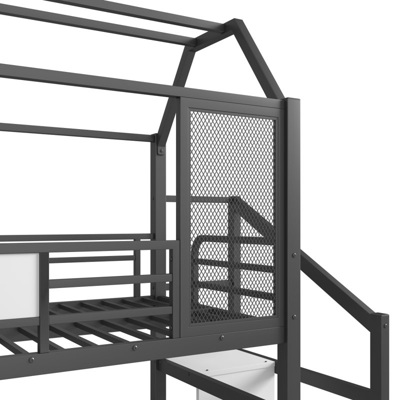 Lit mezzanine simple avec glissade et escalier, lit de jeu en métal avec tablettes de rangement, toit en forme de maison et conception silencieuse, noir