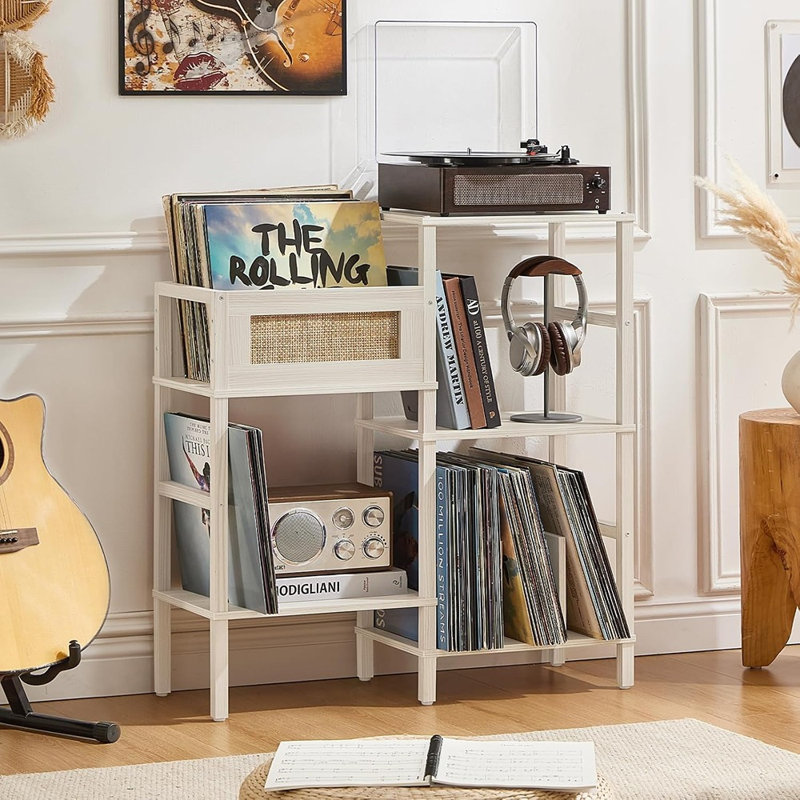 Meuble de rangement pour platine vinyle en chêne blanc crème, meuble de rangement à 3 niveaux avec étagère d'exposition en rotin, capacité de plus de 300 disques, style bohème