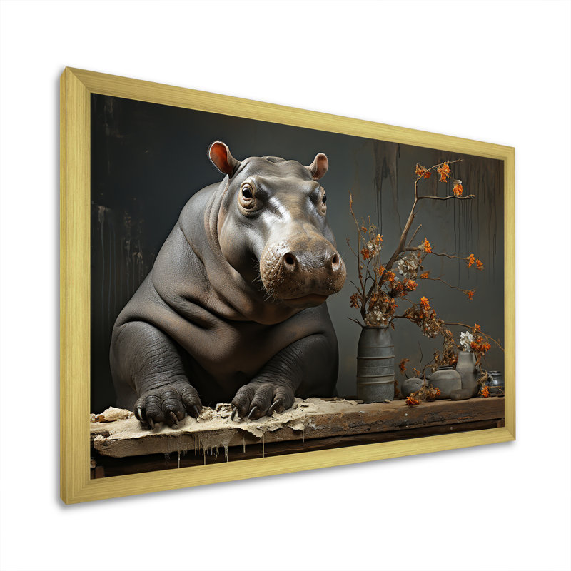 Rivers Guardian 1 - art mural hippopotame, Cadre doré à coins fermés, H 12 po x l 20 po x P 1 po