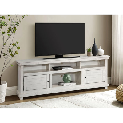 Meuble télé Style en blanc vieilli, 70 pouces de large, avec six compartiments pour organiser les composants de divertissement blanc et deux tablettes ouvertes, convient - 79 téléviseurs à écran plat décor moderne