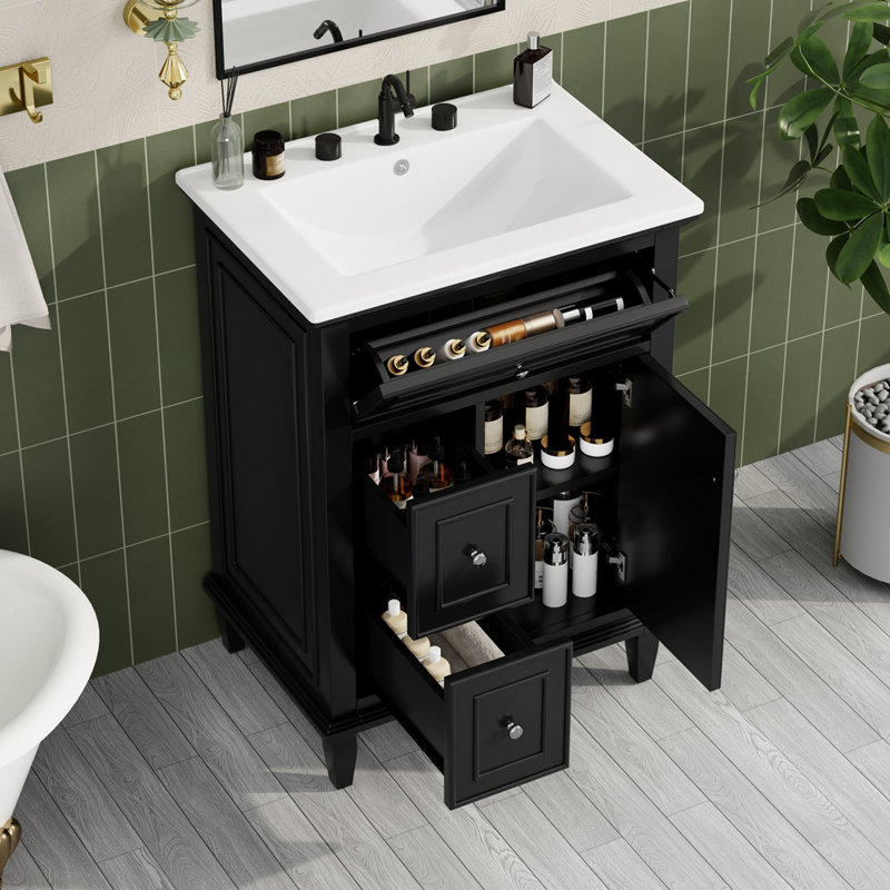 Meuble-lavabo 24 po avec lavabo, meuble-lavabo avec un tiroir rabattable et deux tiroirs, tablette réglable, bois massif et panneau de fibres à densité moyenne